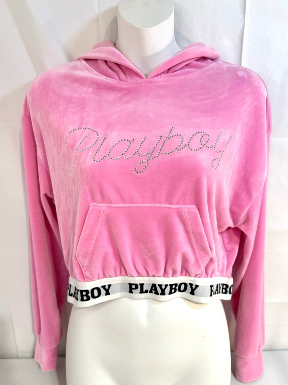 Y2K Playboy Pink Velour Rhinestone Logo Cropped Hoodie Logo Waistband Small